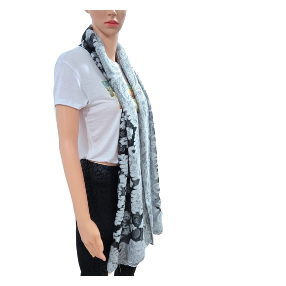 Elegant Black and Gray Floral Scarf - Picture 6 of 9